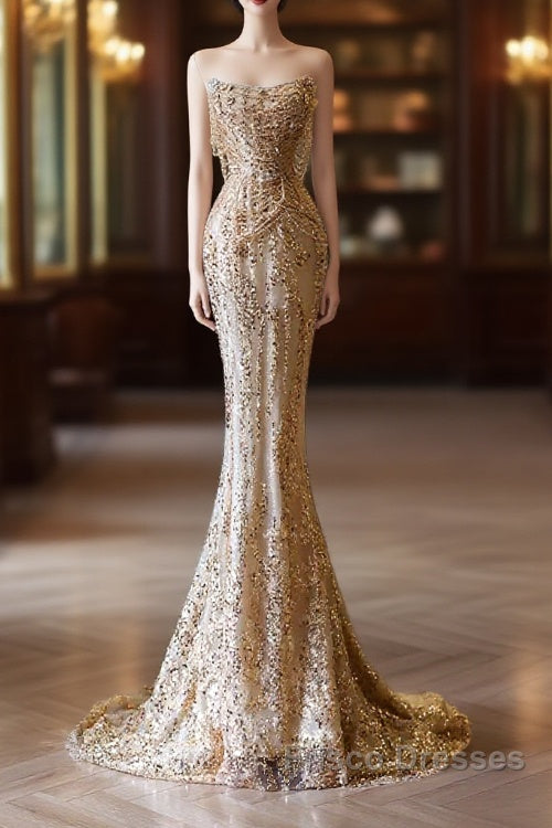 Pretty Mermaid Strapless Gold Sequin Beads Long Formal Prom Dress Formal Evening Dress Main image