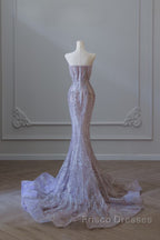 Pretty Mermaid Strapless Lilac Sequin Beads Long Formal Prom Dress Formal Evening Dress