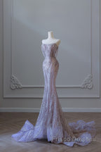 Pretty Mermaid Strapless Lilac Sequin Beads Long Formal Prom Dress Formal Evening Dress