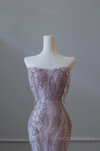 Pretty Mermaid Strapless Lilac Sequin Beads Long Formal Prom Dress Formal Evening Dress