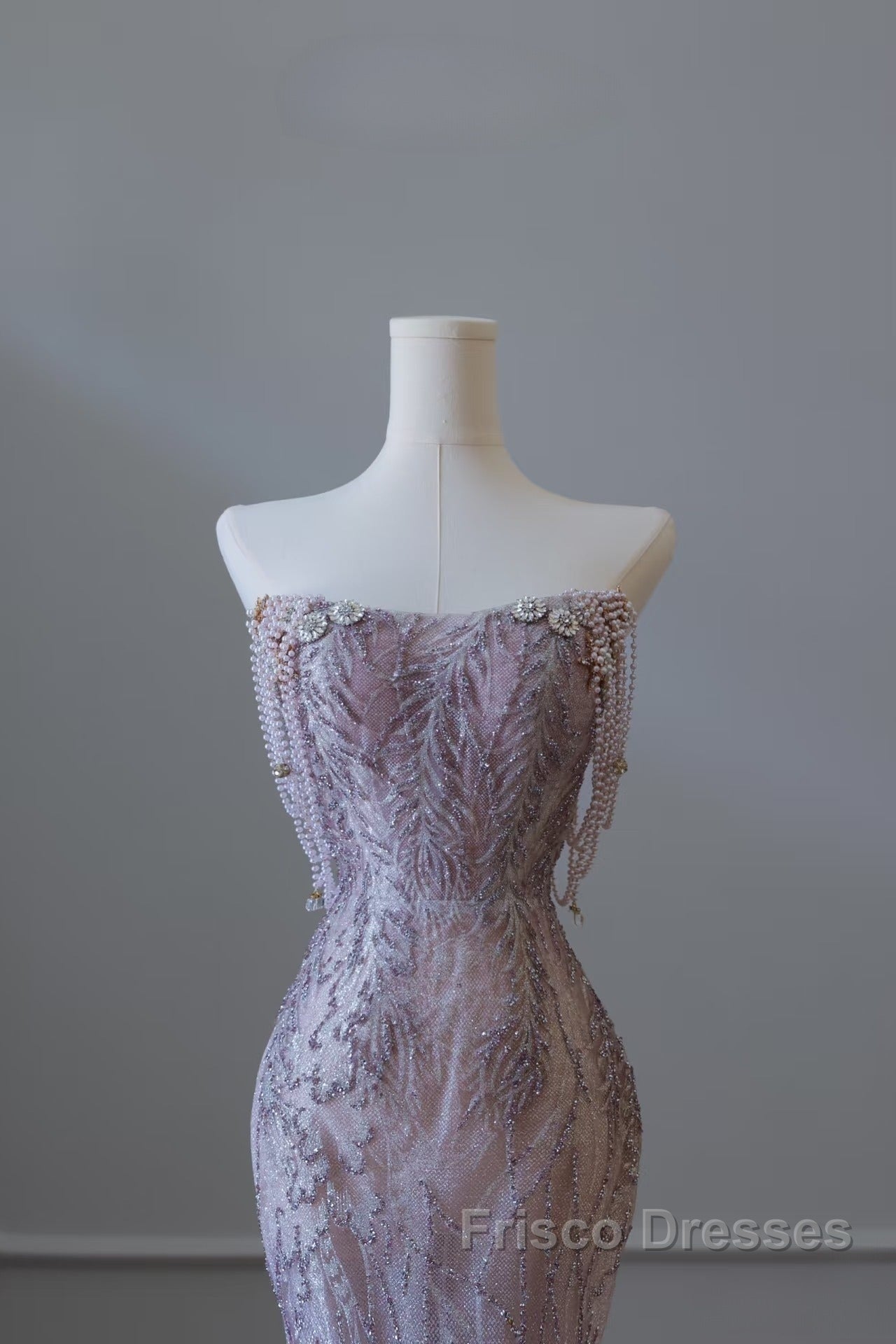 Pretty Mermaid Strapless Lilac Sequin Beads Long Formal Prom Dress Formal Evening Dress