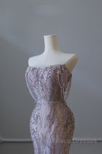 Pretty Mermaid Strapless Lilac Sequin Beads Long Formal Prom Dress Formal Evening Dress