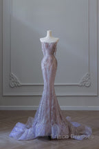 Pretty Mermaid Strapless Lilac Sequin Beads Long Formal Prom Dress Formal Evening Dress