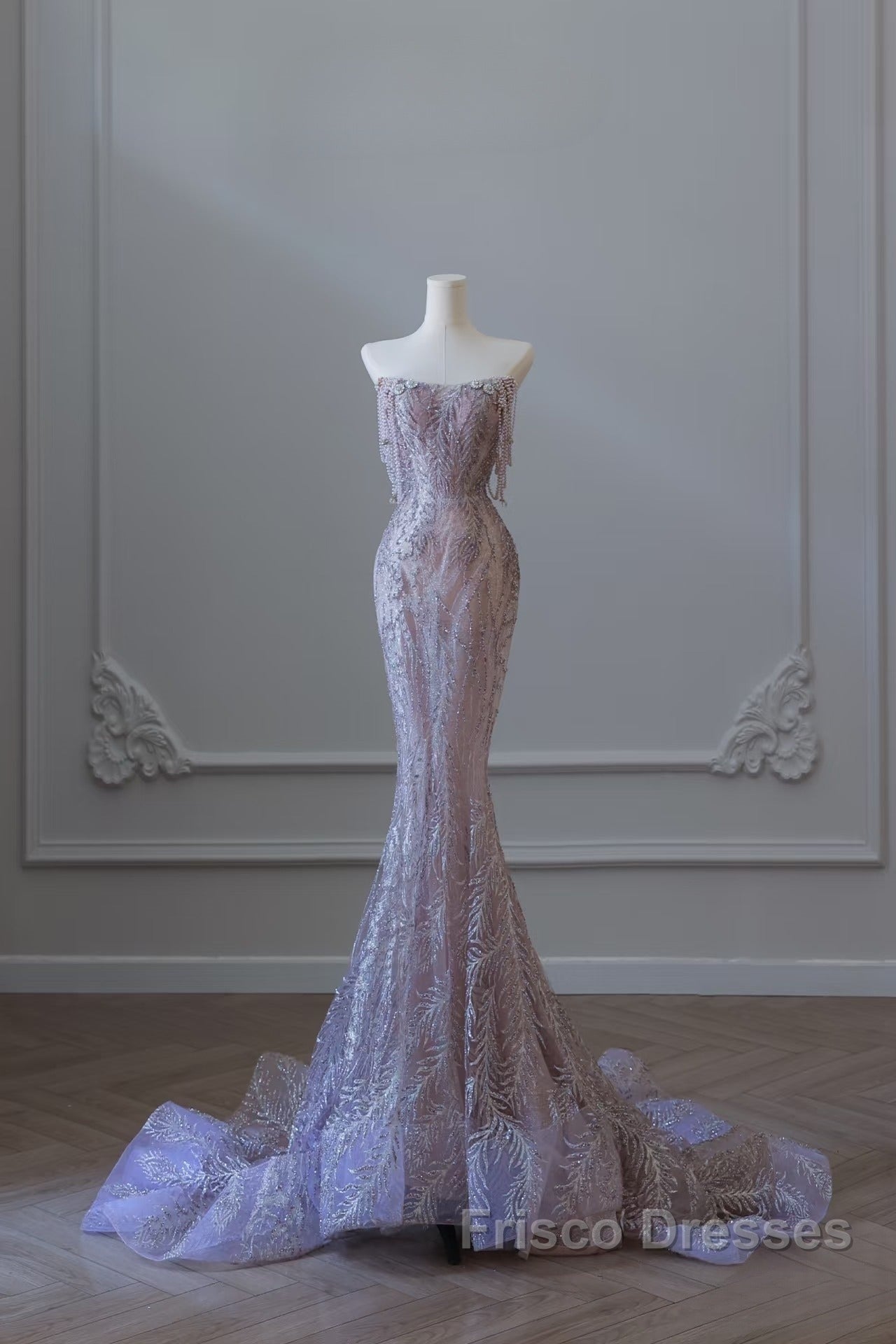 Pretty Mermaid Strapless Lilac Sequin Beads Long Formal Prom Dress Formal Evening Dress