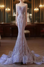 Pretty Mermaid Strapless Lilac Sequin Beads Long Formal Prom Dress Formal Evening Dress