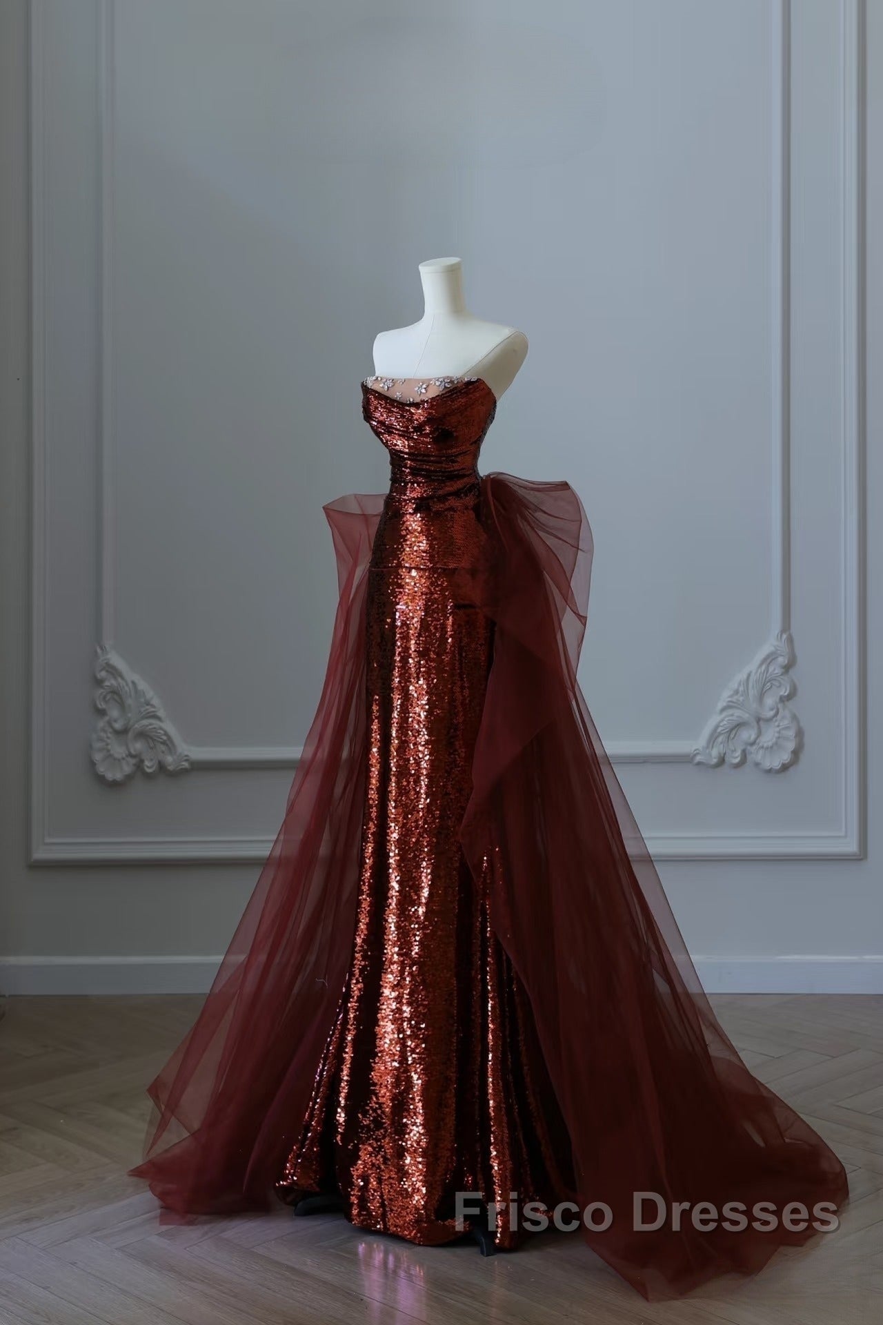 Pretty Mermaid Strapless Sequin Long Burgundy Ruffles Long Formal Prom Dress Formal Evening Dress Secondary image