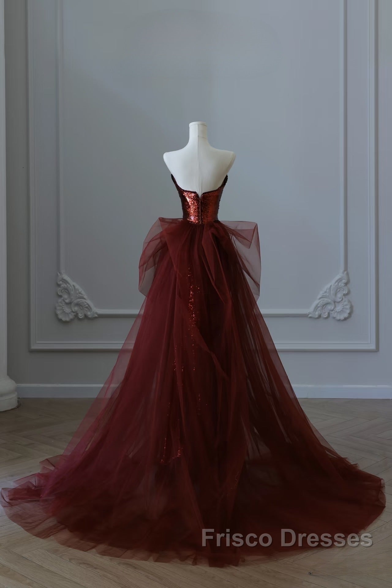 Pretty Mermaid Strapless Sequin Long Burgundy Ruffles Long Formal Prom Dress Formal Evening Dress