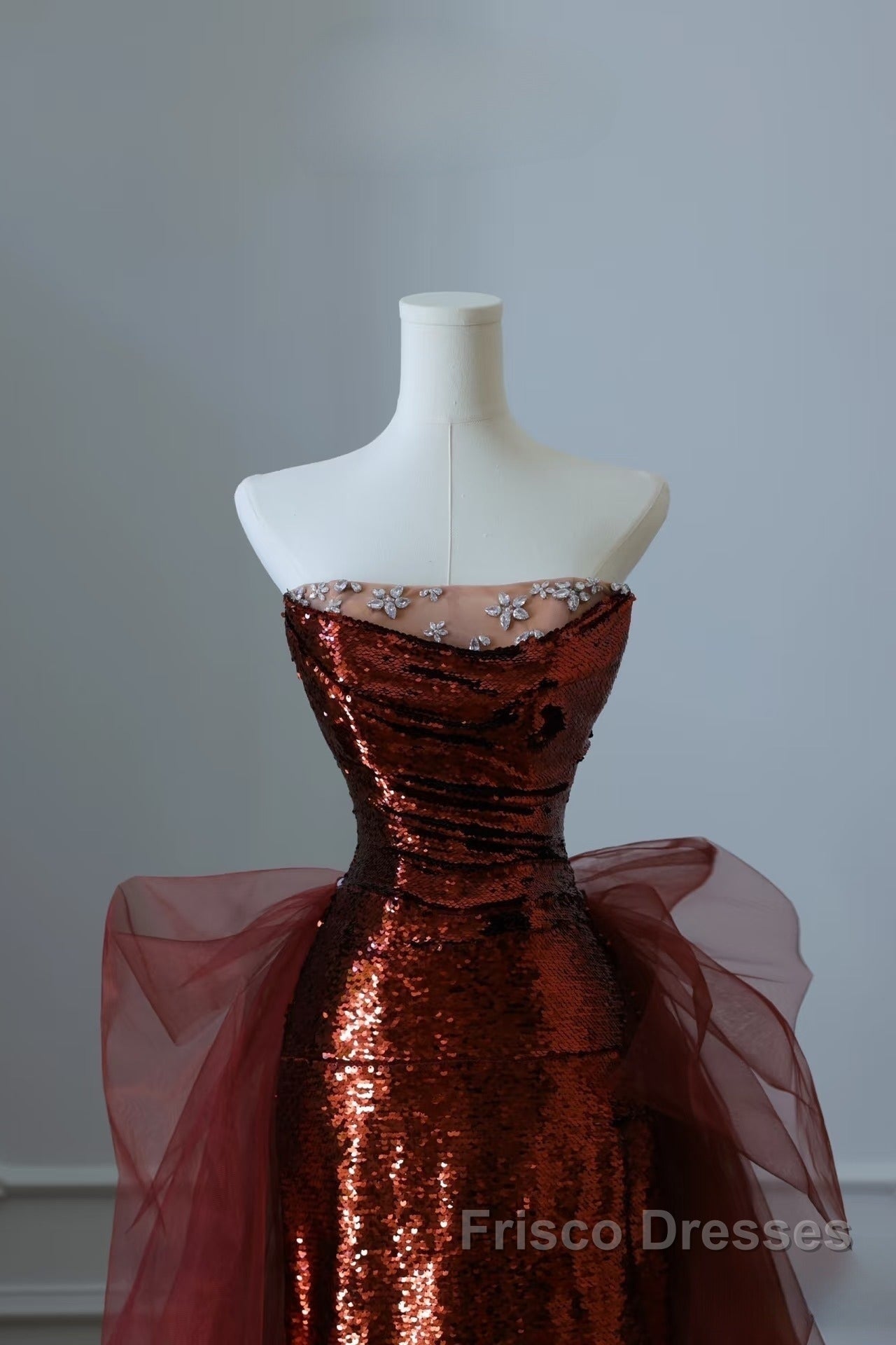 Pretty Mermaid Strapless Sequin Long Burgundy Ruffles Long Formal Prom Dress Formal Evening Dress
