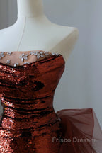 Pretty Mermaid Strapless Sequin Long Burgundy Ruffles Long Formal Prom Dress Formal Evening Dress