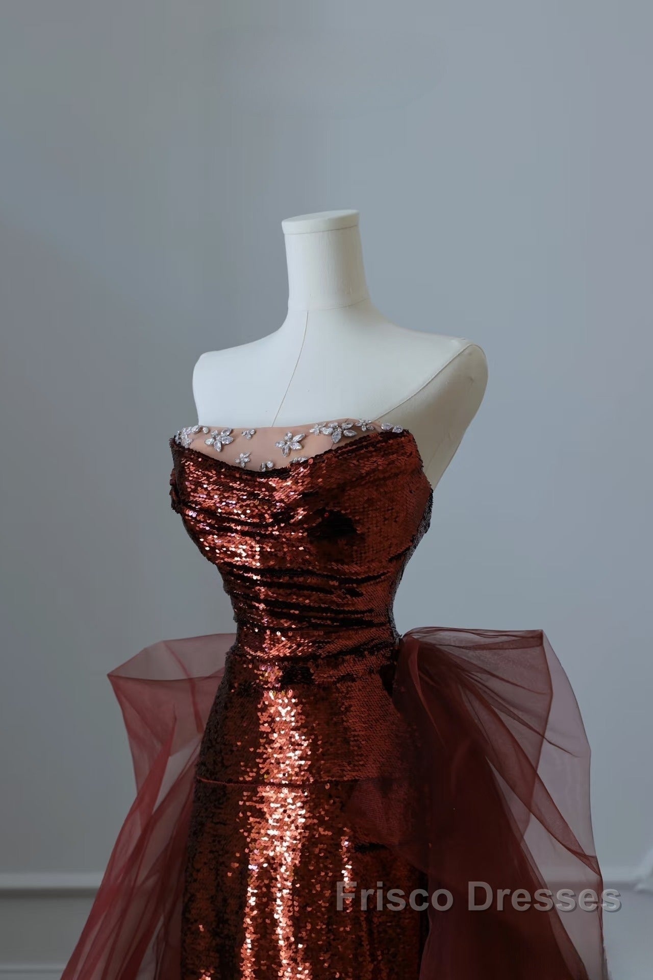 Pretty Mermaid Strapless Sequin Long Burgundy Ruffles Long Formal Prom Dress Formal Evening Dress