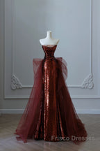 Pretty Mermaid Strapless Sequin Long Burgundy Ruffles Long Formal Prom Dress Formal Evening Dress