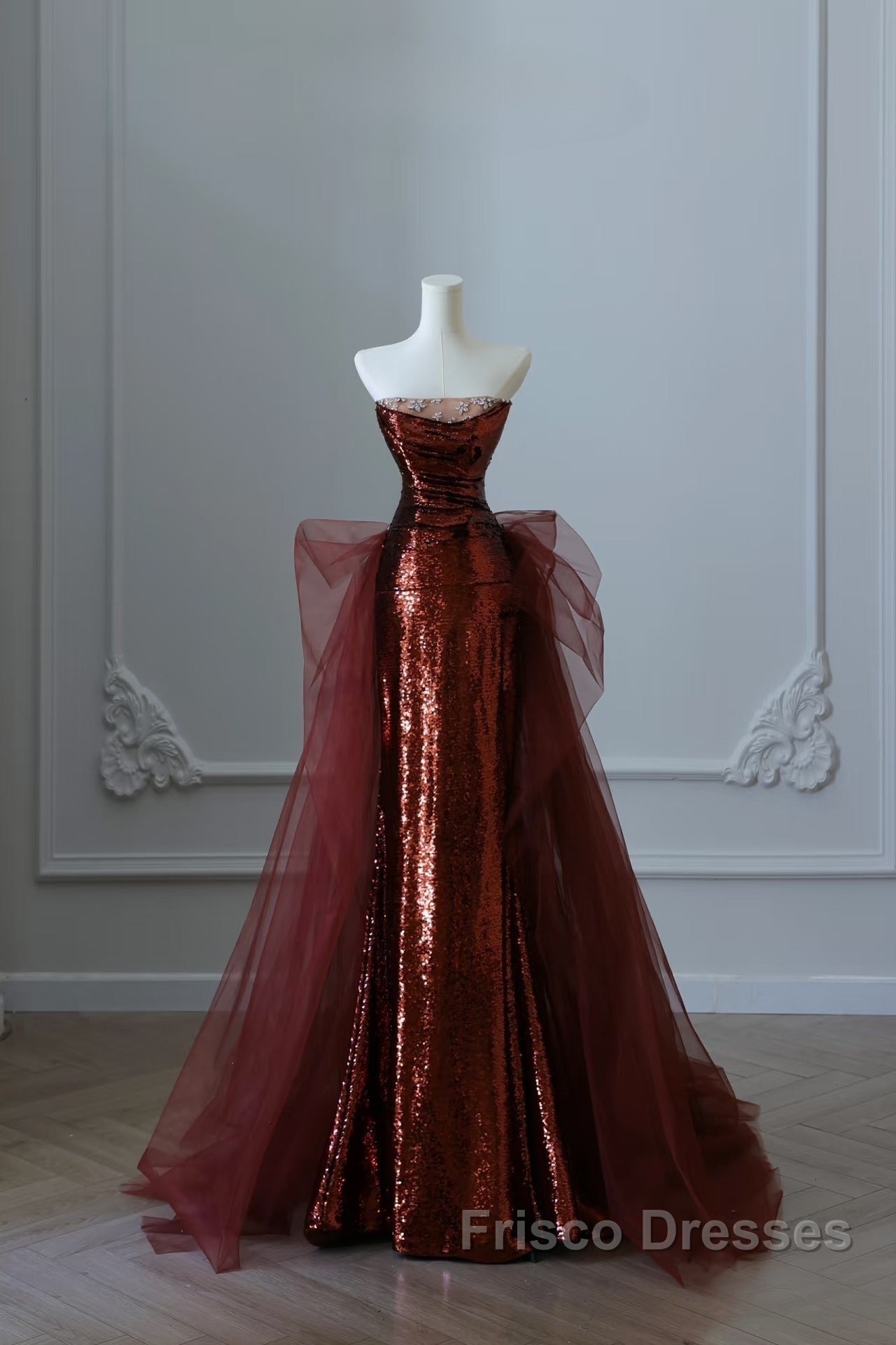 Pretty Mermaid Strapless Sequin Long Burgundy Ruffles Long Formal Prom Dress Formal Evening Dress