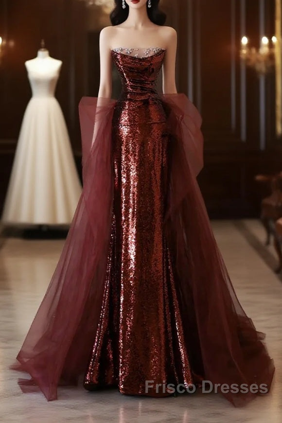 Pretty Mermaid Strapless Sequin Long Burgundy Ruffles Long Formal Prom Dress Formal Evening Dress Main image