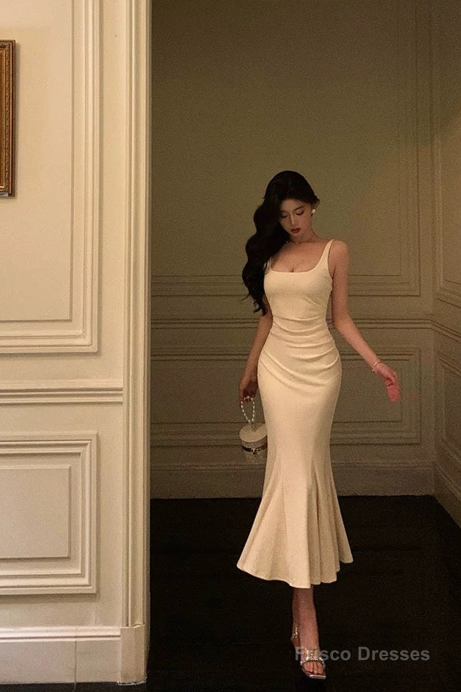Pretty Mermaid Straps White Tea Length Prom Dresses Birthday Outfits Evening Gown Main image