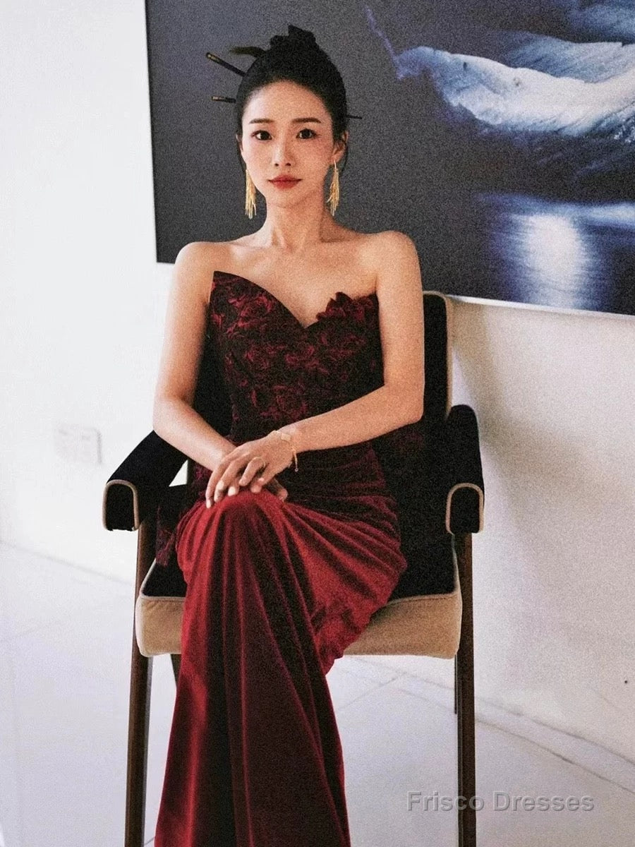 Pretty Mermaid Sweetheart Wine Red Velvet Long Evening Dress Prom Dresses
