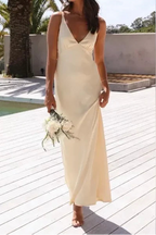 Pretty Mermaid V Neckline Long Yellow Satin Party Dresses Prom Dresses