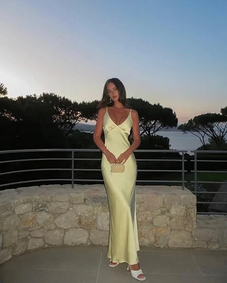 Pretty Mermaid V Neckline Long Yellow Satin Party Dresses Prom Dresses Main image