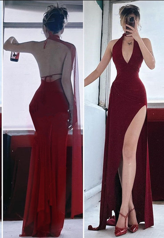 Pretty Mermaid V Neckline Red Chiffon Backless Long Prom Dresses Party Dress Main image