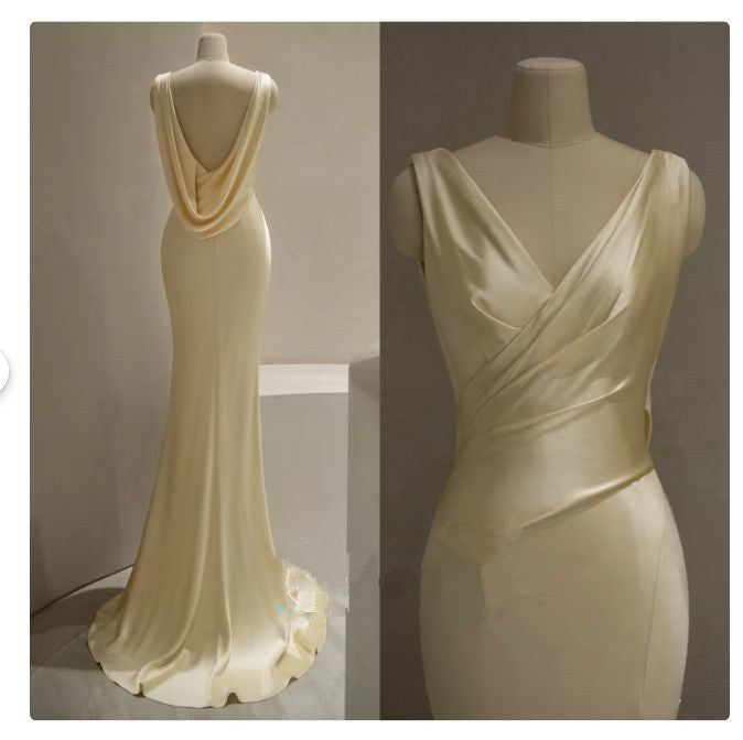 Pretty Mermaid V Neckline Yellow Satin Prom Dresses With Ruffle Long Evening Dress Secondary image