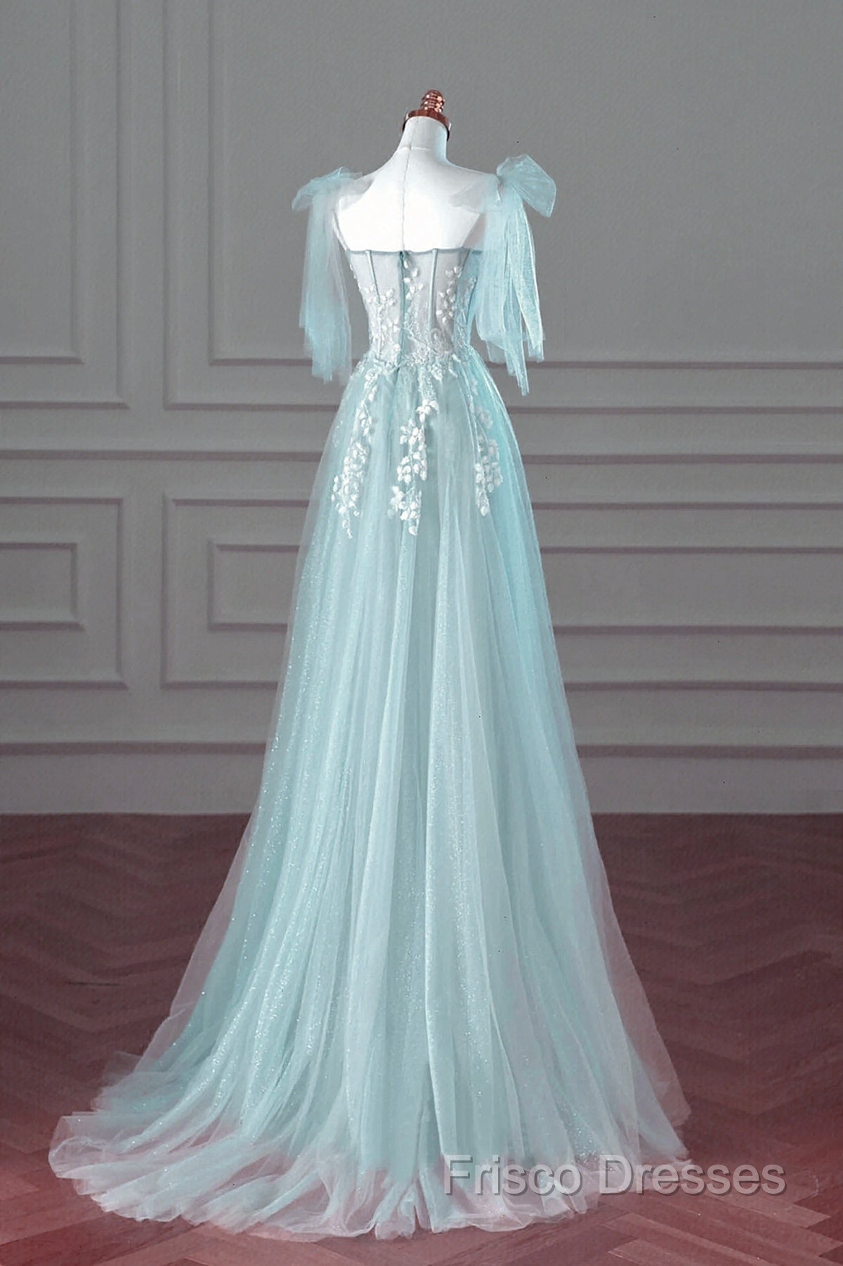 Pretty Mint Blue Tulle With Lace A-Line Long Party Dress, Mint Blue Formal Prom Dress Fornal Dress