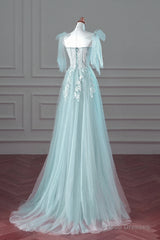 Pretty Mint Blue Tulle With Lace A-Line  Long Party Dress, Mint Blue Prom Dress Fornal Dress