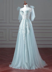 Pretty Mint Blue Tulle With Lace A-Line  Long Party Dress, Mint Blue Prom Dress Fornal Dress