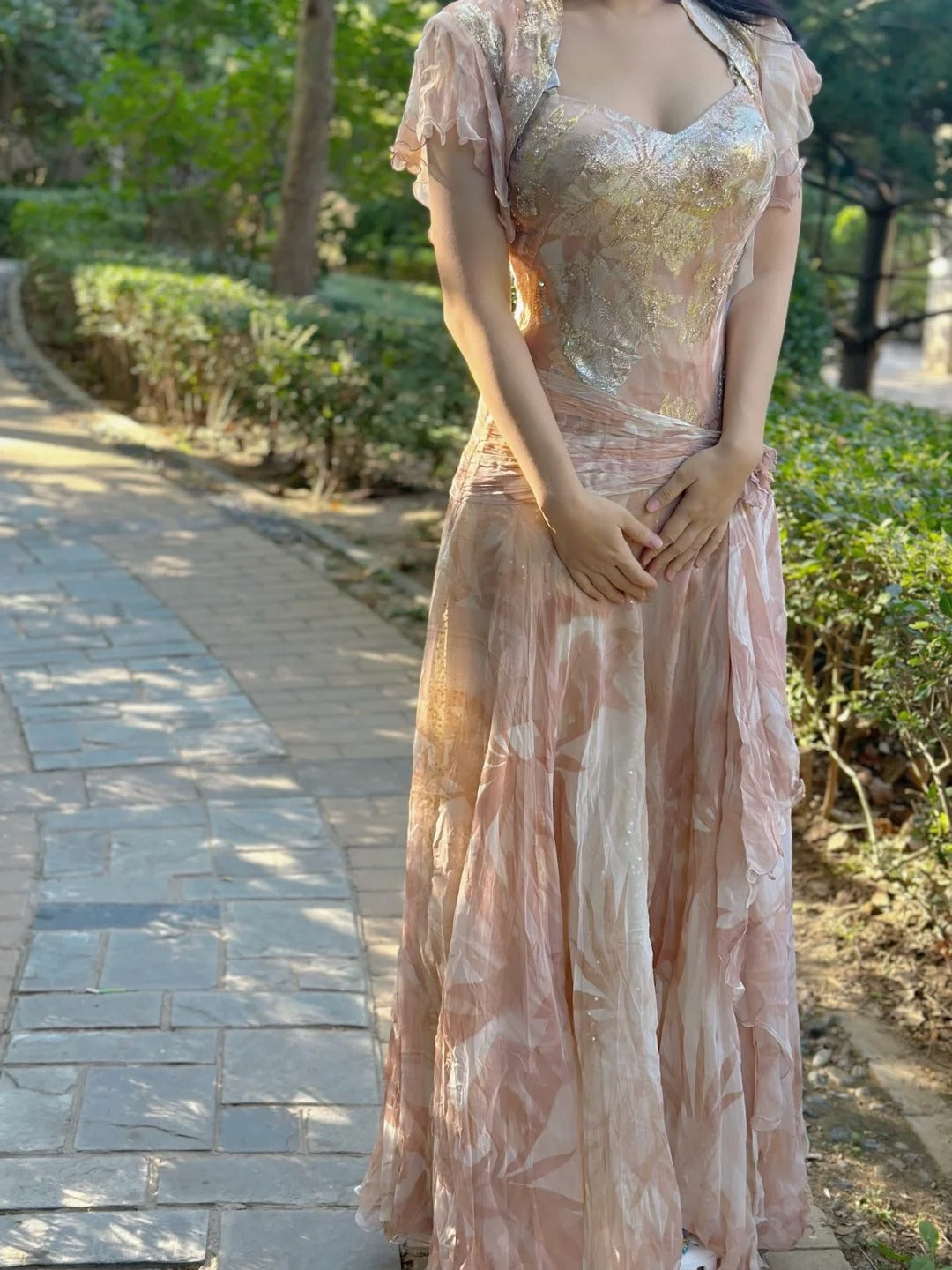 Pretty Pink Floral Print A-Line Chiffon Long Prom Dress Evening Dress