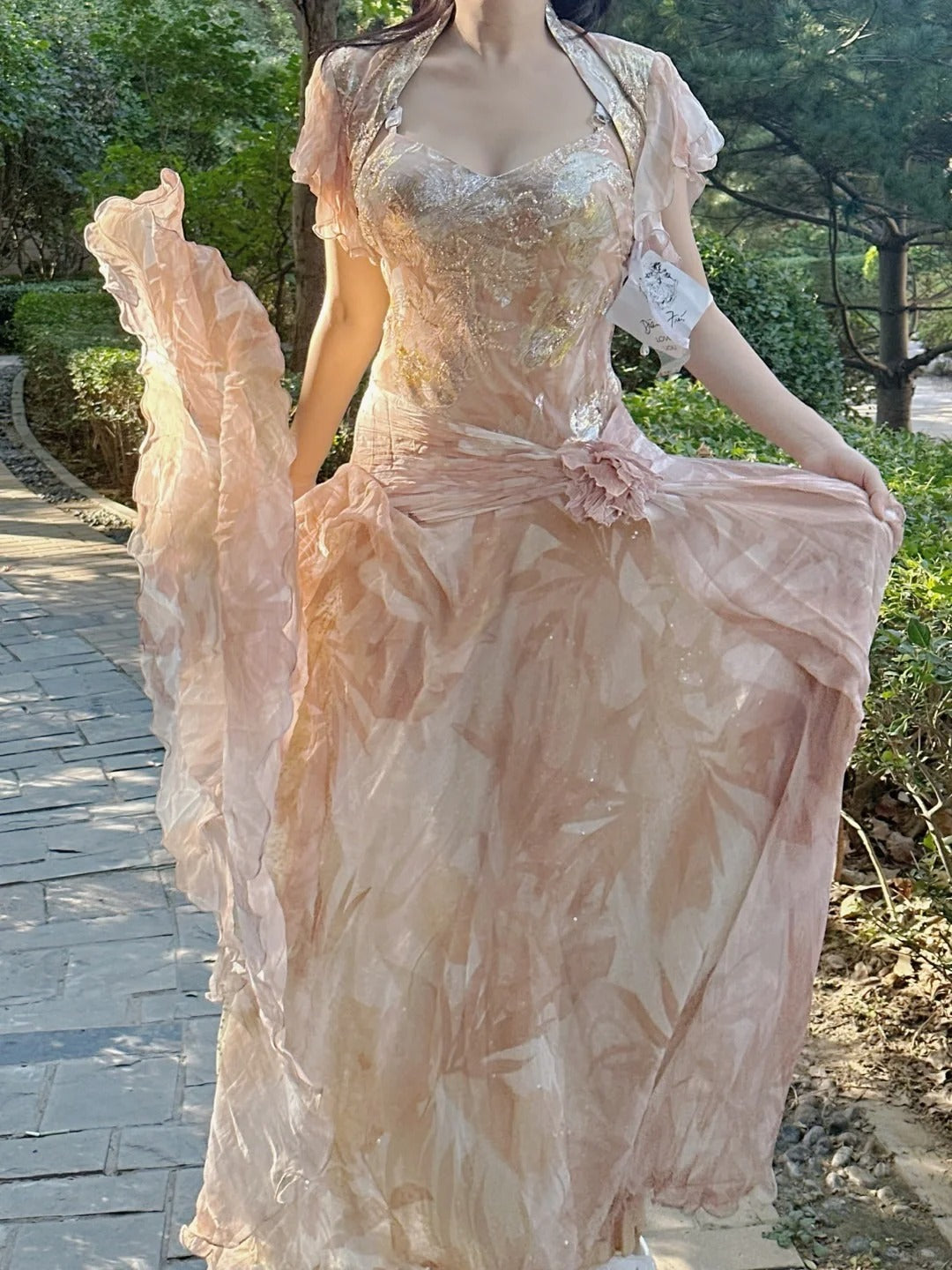 Pretty Pink Floral Print A-Line Chiffon Long Prom Dress Evening Dress Main image