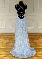 Pretty Formal Prom Dress, Sheath/Column V Neck Spaghetti Straps Sweep Train Sequined Formal Prom Dress With Pleated