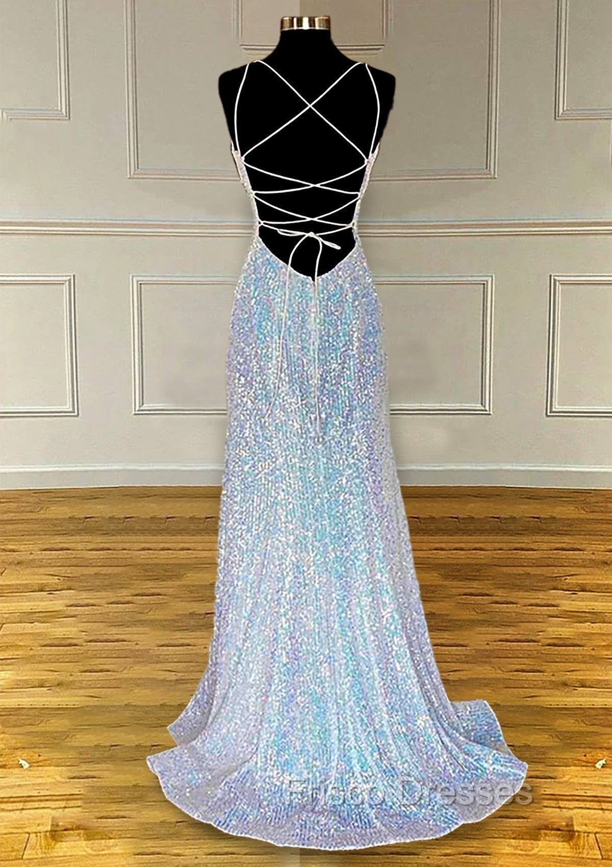Pretty Formal Prom Dress, Sheath/Column V Neck Spaghetti Straps Sweep Train Sequined Formal Prom Dress With Pleated