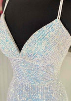 Pretty Formal Prom Dress, Sheath/Column V Neck Spaghetti Straps Sweep Train Sequined Formal Prom Dress With Pleated