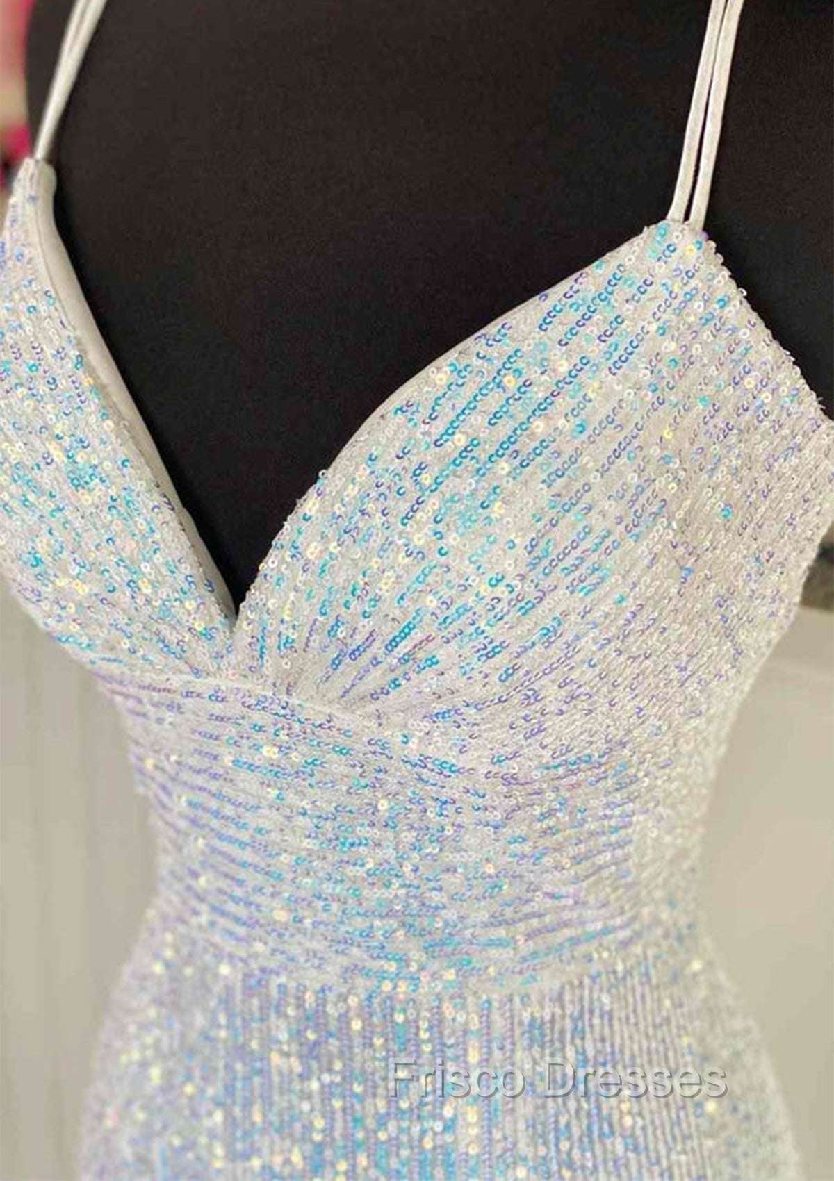 Pretty Formal Prom Dress, Sheath/Column V Neck Spaghetti Straps Sweep Train Sequined Formal Prom Dress With Pleated