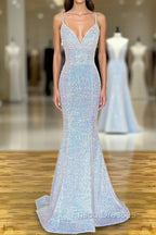 Pretty Formal Prom Dress, Sheath/Column V Neck Spaghetti Straps Sweep Train Sequined Formal Prom Dress With Pleated