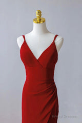 Pretty Red Mermaid Straps Long Evening Dress With Leg Slit, Red Prom Dress