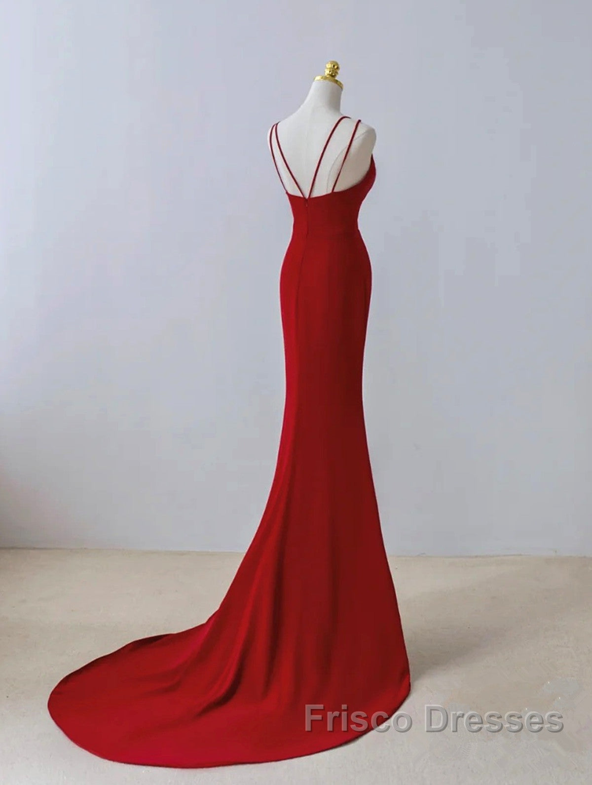Pretty Red Mermaid Straps Long Evening Dress With Leg Slit, Red Formal Prom Dress