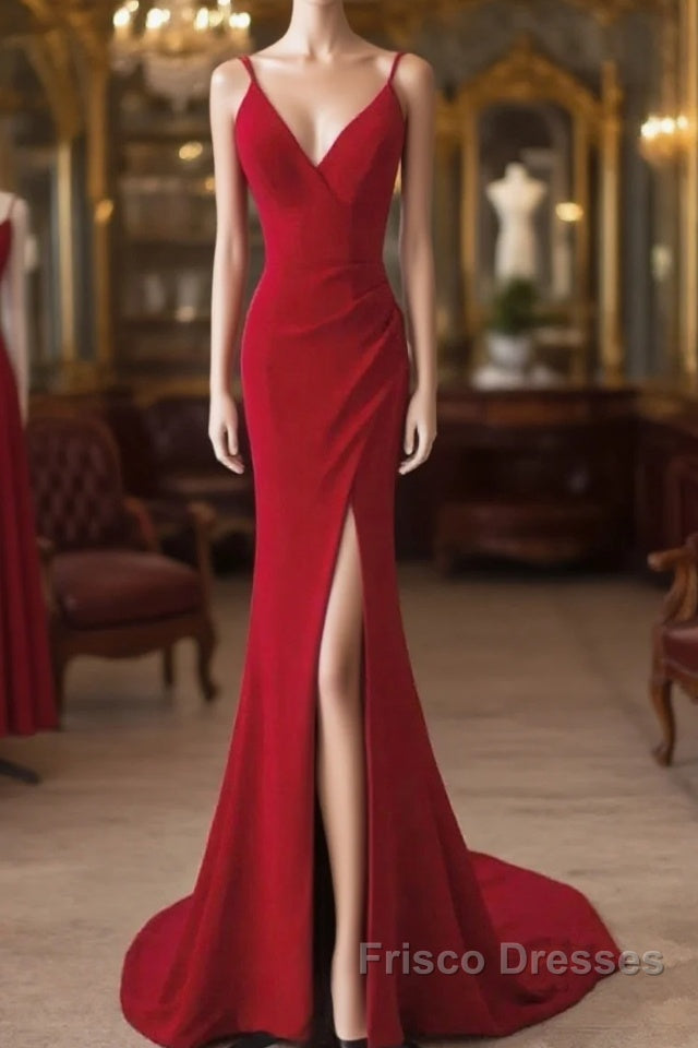 Pretty Red Mermaid Straps Long Evening Dress With Leg Slit, Red Formal Prom Dress Main image