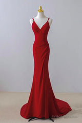 Pretty Red Mermaid Straps Long Evening Dress With Leg Slit, Red Prom Dress