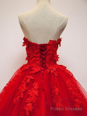 Pretty Red Sweetheart Strapless Ball Gown Applique Tulle Long Prom Dress,Party Dresses
