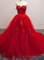 Pretty Red Sweetheart Strapless Ball Gown Applique Tulle Long Prom Dress,Party Dresses