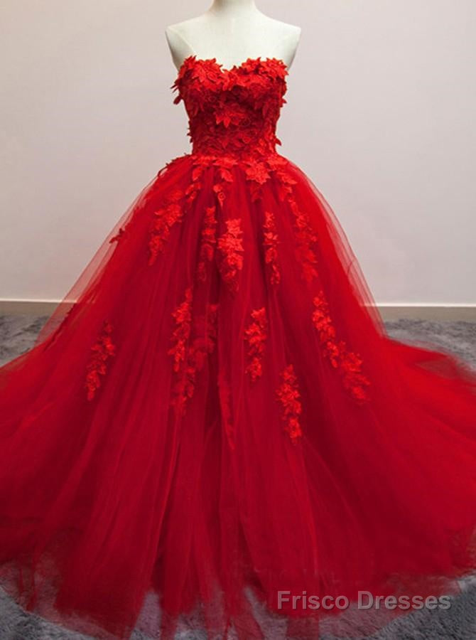 Pretty Red Sweetheart Strapless Ball Gown Applique Tulle Long Prom Dress,Party Dresses
