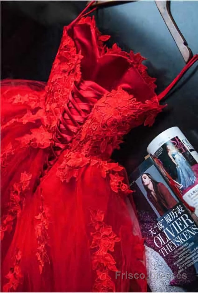 Pretty Red Sweetheart Strapless Ball Gown Applique Tulle Long Prom Dress,Party Dresses