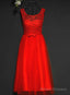 Pretty Red Tulle and Lace Tea Length Party Dress, Red Bridesmaid Dress