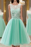 Pretty Round-Neck Lace Tulle Short Green Formal Prom Dresses, Lace Homecoming Dresses