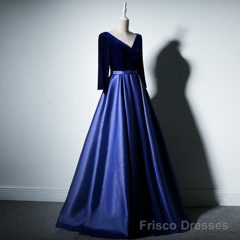 Pretty Royal Blue Long Sleeves Satin with Velvet Party Dress, A-line Long Prom Dress Main image