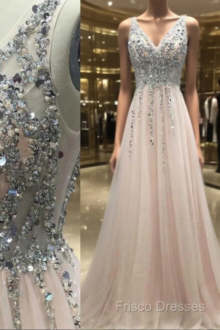 Pretty Sequins Long Tulle V-Neck Formal Prom Formal Gowns Main image