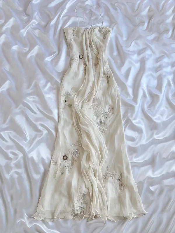 Pretty Sheath Halter Sleeveless Ivory Chiffon Prom Dresses Long Evening Dress