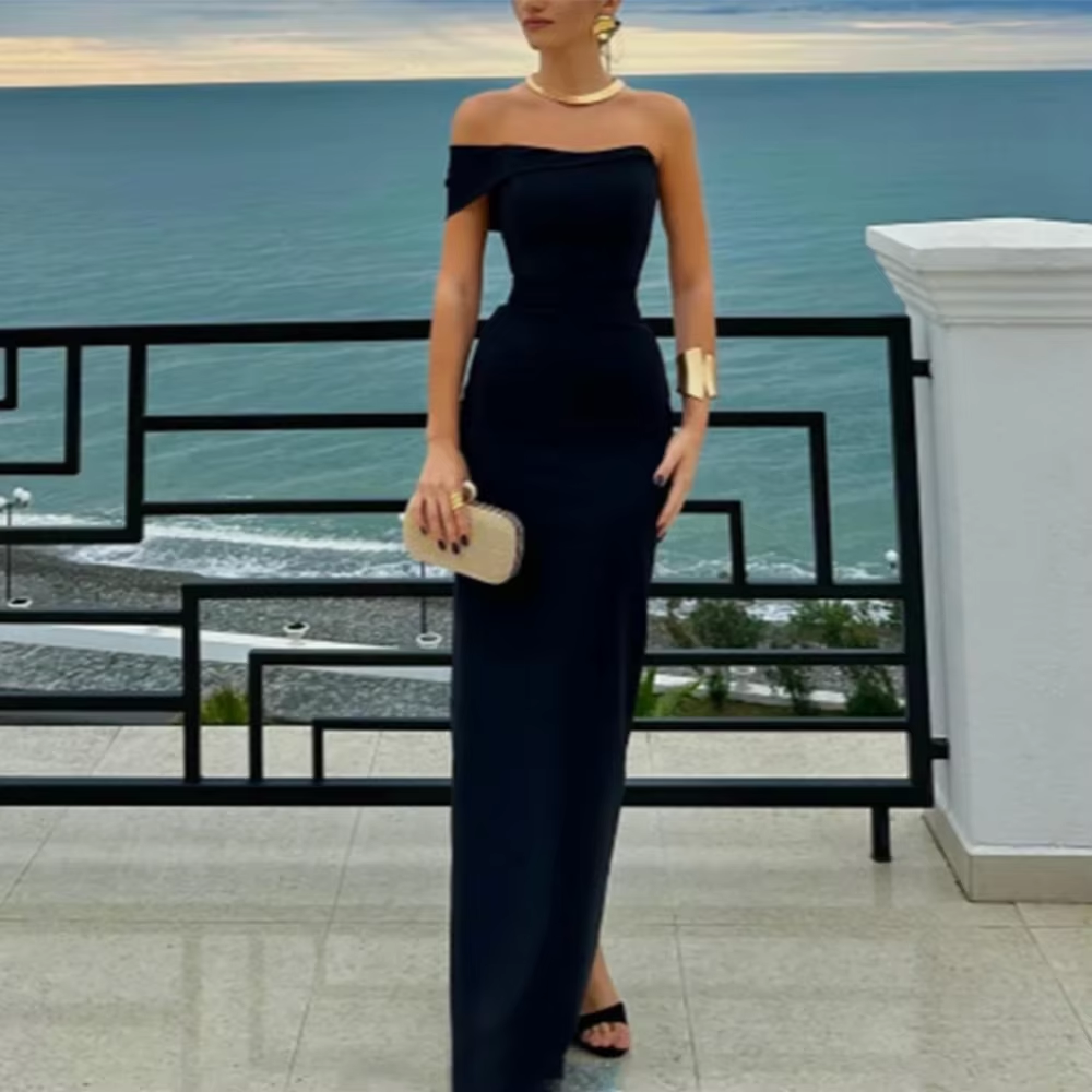 Pretty Sheath Off The Shoulder Black Long Prom Dresses Party Dress