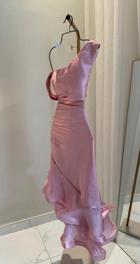 Pretty Sheath Pink Long Ruffles Prom Dresses Formal Evening Dress
