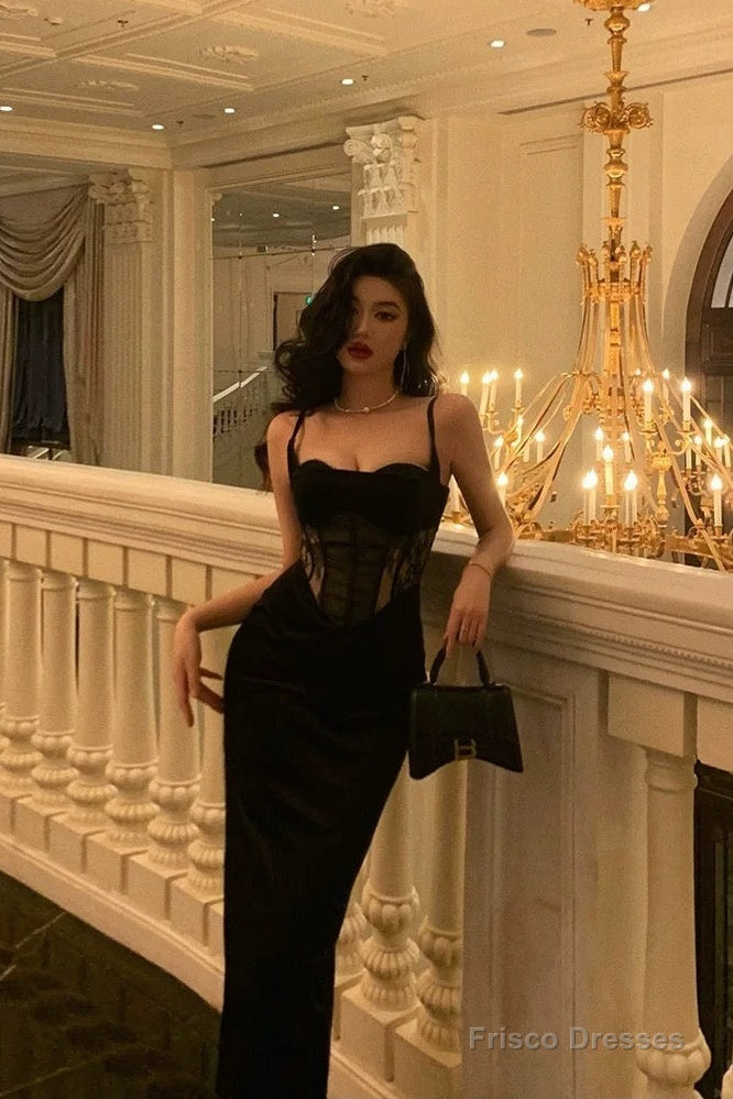 Pretty Sheath Spaghetti Straps Black Lace Date Night Dress Prom Dresses Birthday Party Outfit