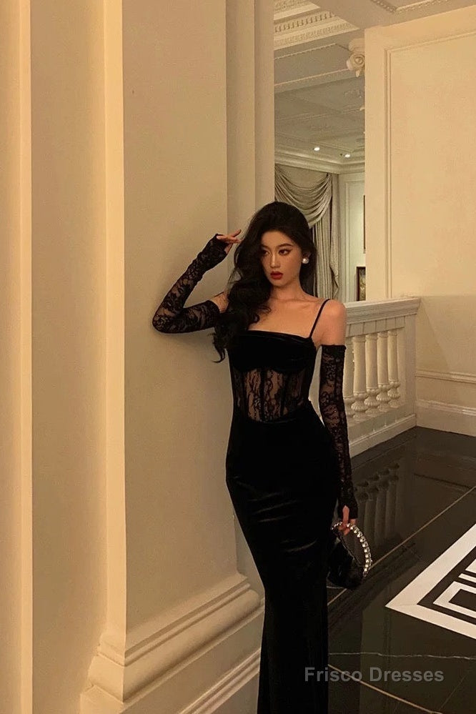 Pretty Sheath Spaghetti Straps Black Lace Long Prom Dresses Birthday Outfits With Gloves Secondary image